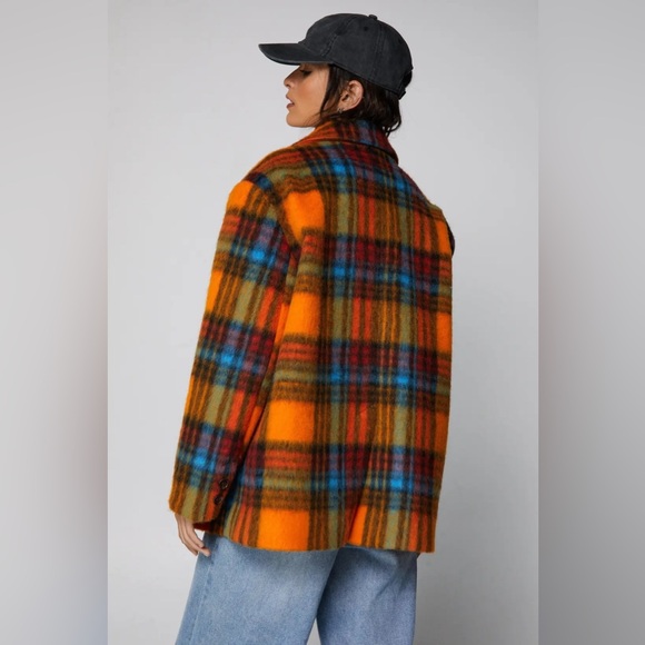 NWT! NASTY GAL Premium Wool Blend Oversized Orange Plaid Stripe Blazer Coat - Picture 13 of 16